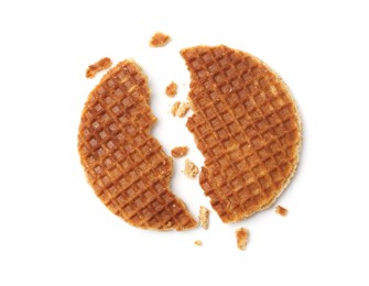 Photo of Pieces of tasty round waffle isolated on white, top view