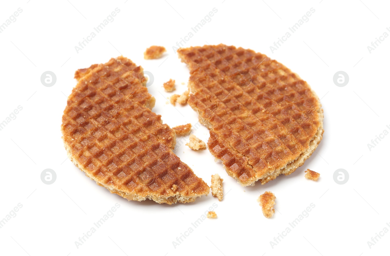 Pieces of tasty round waffle isolated on white Photo of Pieces of tasty round waffle isolated on white