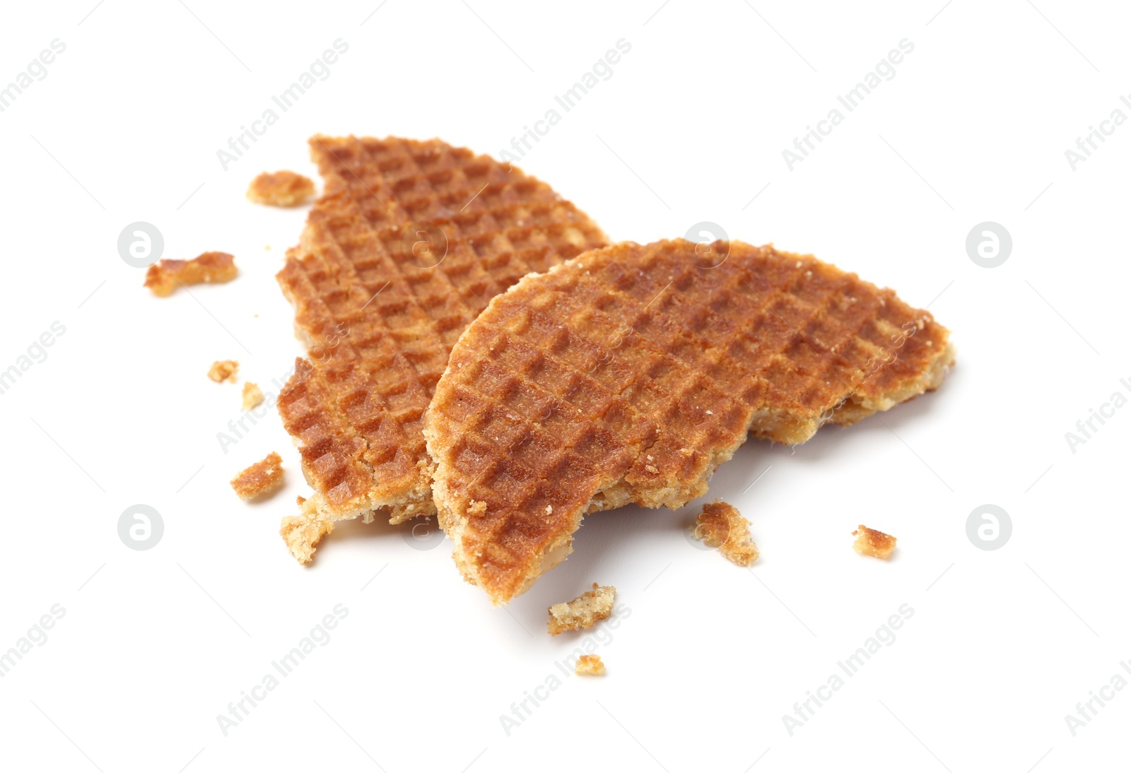 Pieces of tasty round waffle isolated on white Photo of Pieces of tasty round waffle isolated on white
