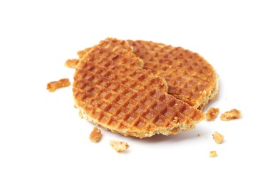 Photo of Pieces of tasty round waffle isolated on white