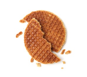 Photo of Pieces of tasty round waffle isolated on white, top view