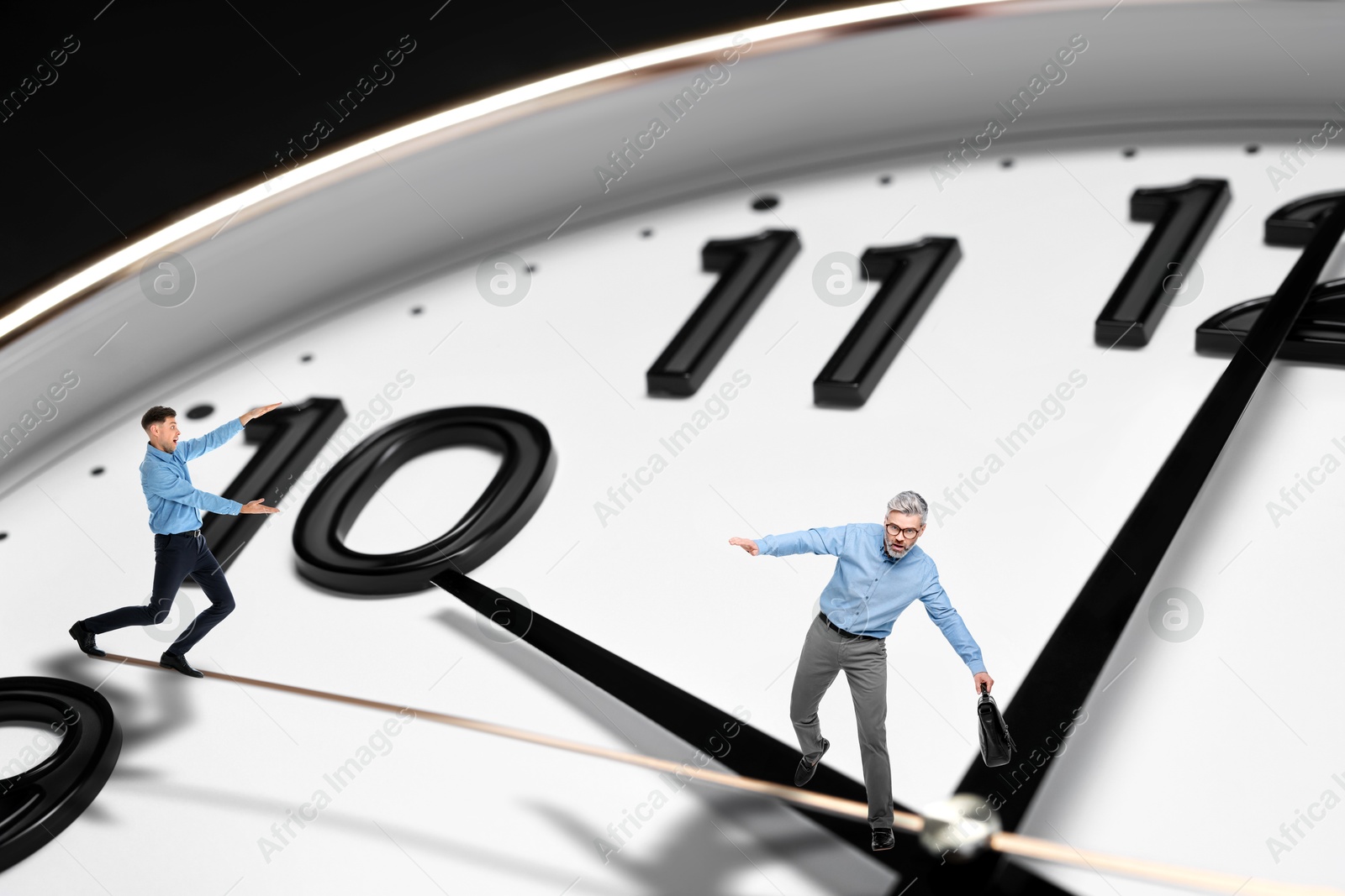 Businesspeople on hand of clock on black background. Time management, project deadline, stressful work Image of Businesspeople on hand of clock on black background. Time management, project deadline, stressful work
