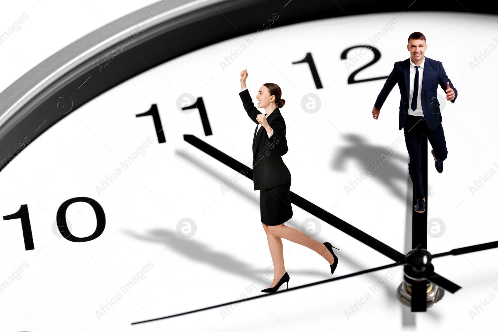 Image of Businesspeople walking on hands of clock on white background. Time management, project deadline