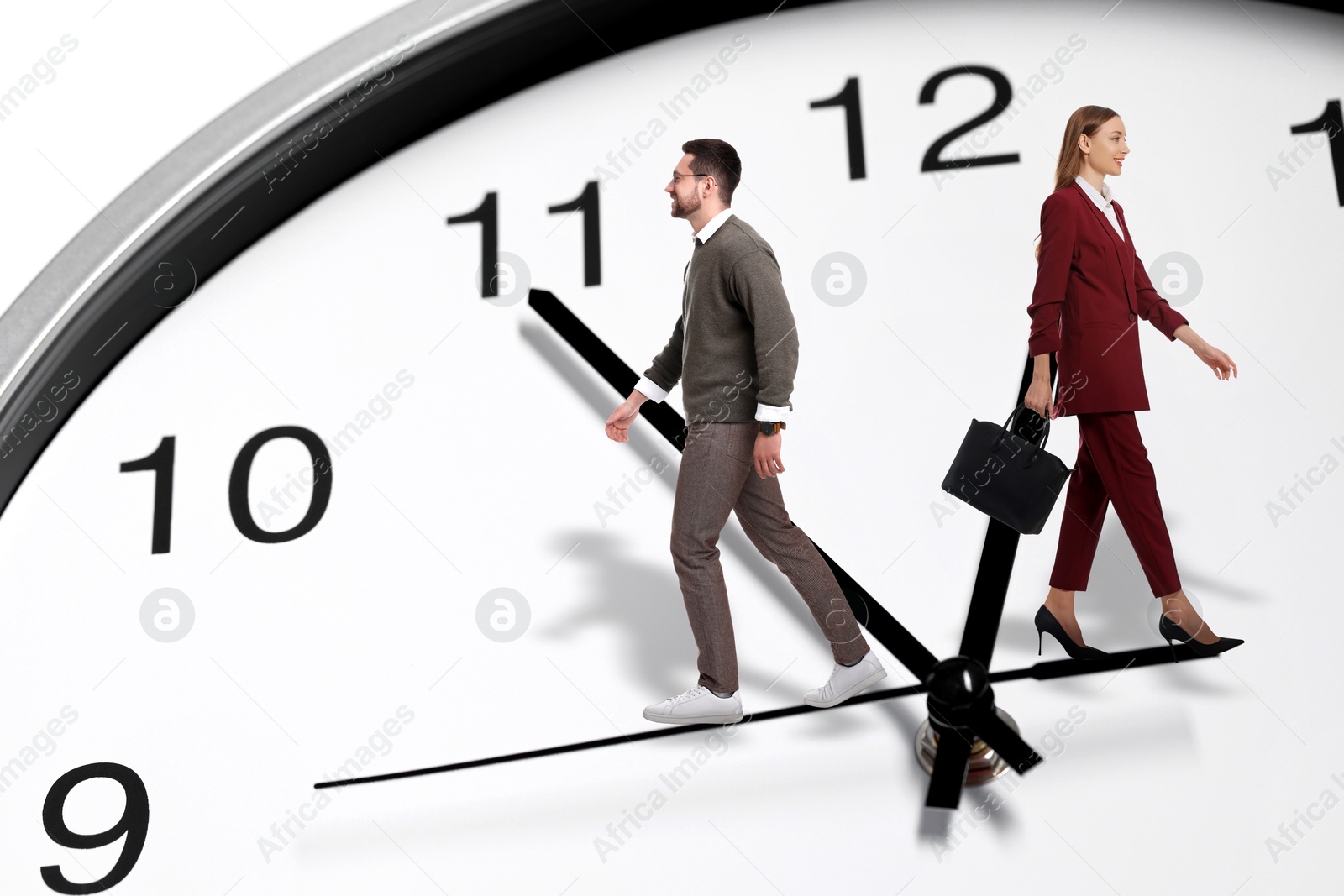 Image of Businesspeople walking on hand of clock on white background. Time management, project deadline