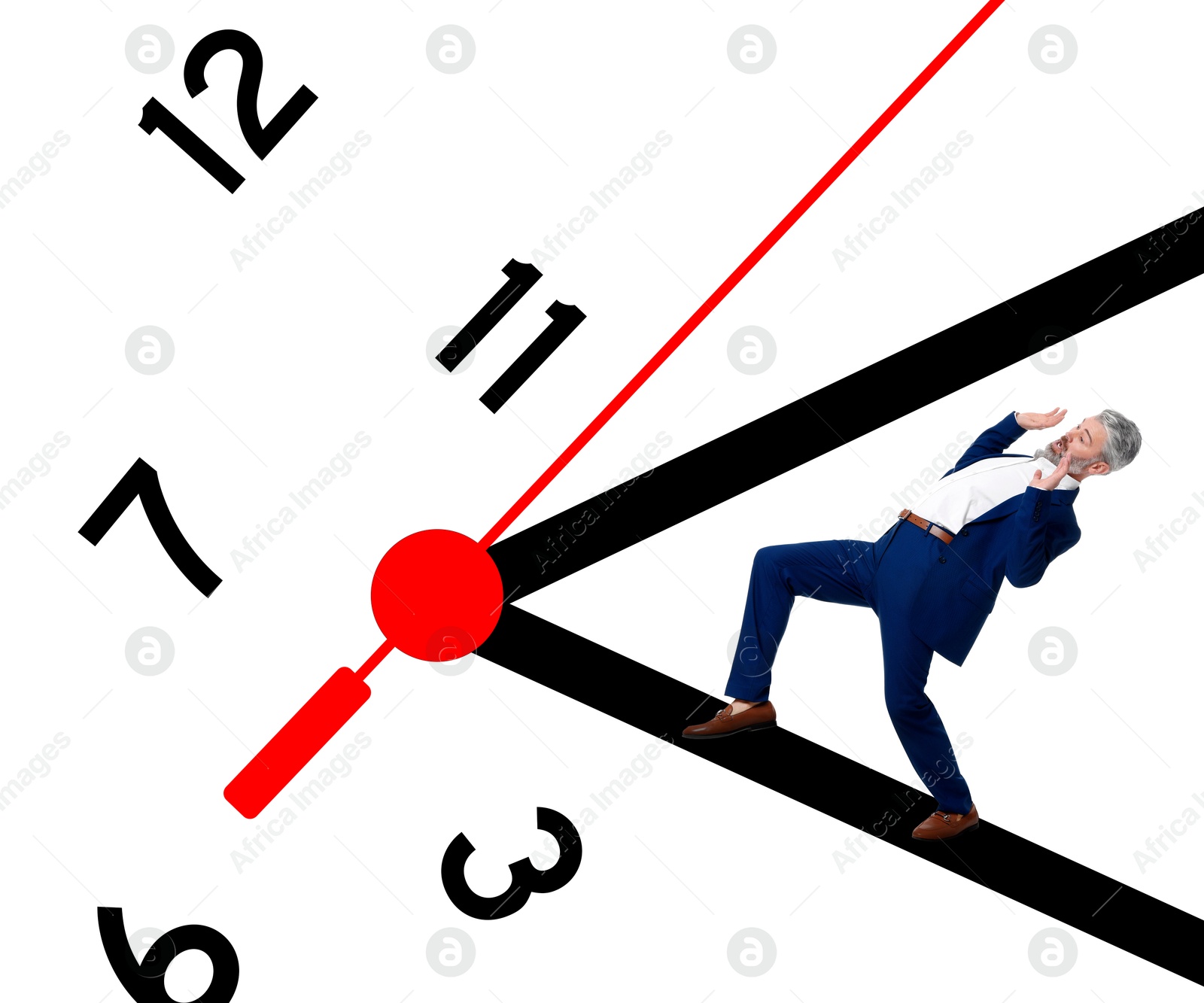Businessman avoiding hand of clock and numbers on white background. Time management, project deadline, stressful work Image of Businessman avoiding hand of clock and numbers on white background. Time management, project deadline, stressful work
