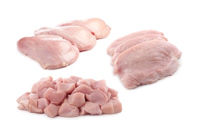 Image of Fresh raw turkey meat isolated on white, set