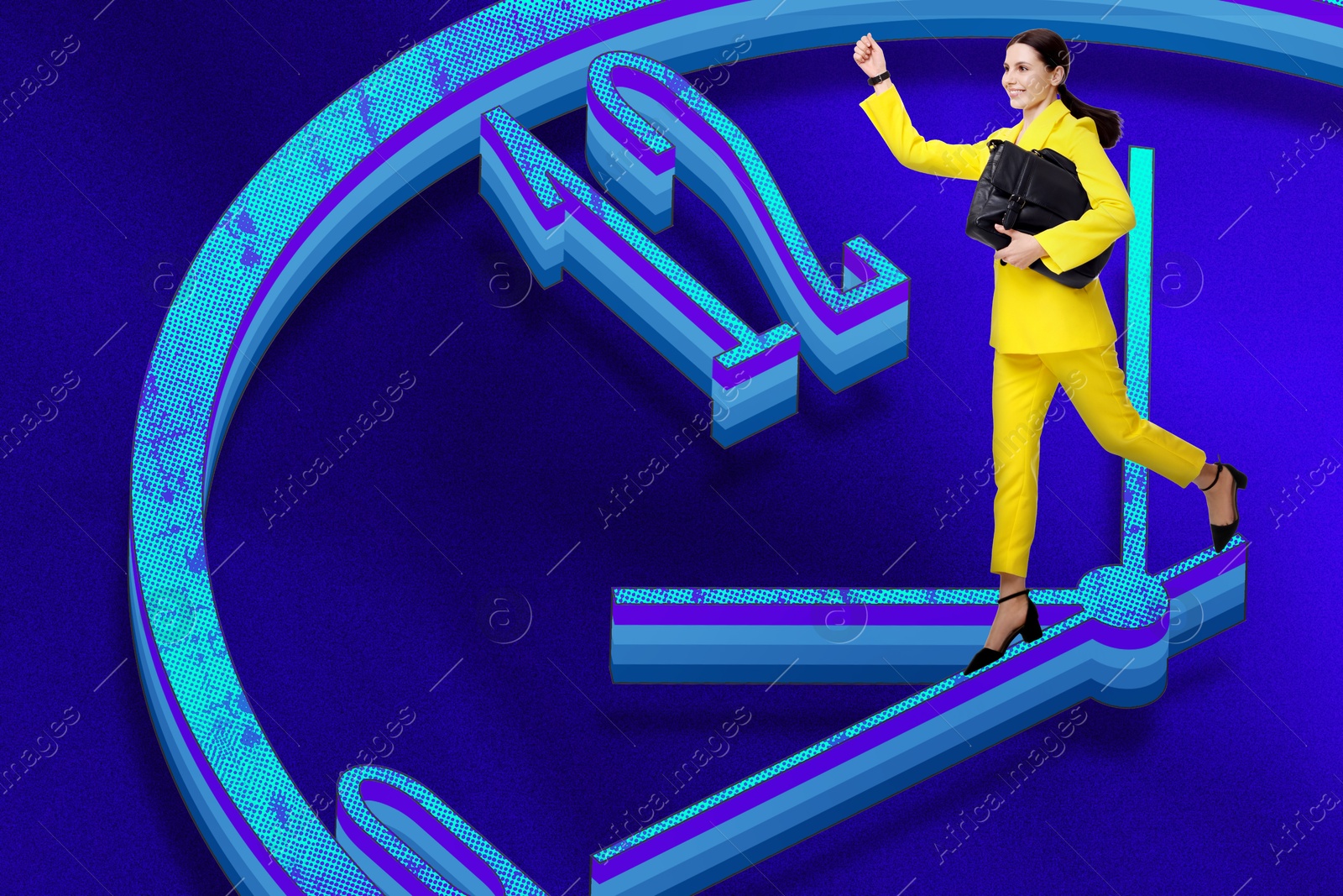 Business woman walking on hand of clock on blue background. Time management, project deadline, stressful work Image of Business woman walking on hand of clock on blue background. Time management, project deadline, stressful work