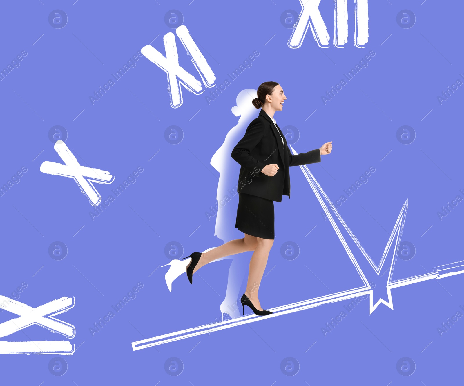 Business woman walking on hand of clock on blue violet background. Time management, project deadline, stressful work Image of Business woman walking on hand of clock on blue violet background. Time management, project deadline, stressful work