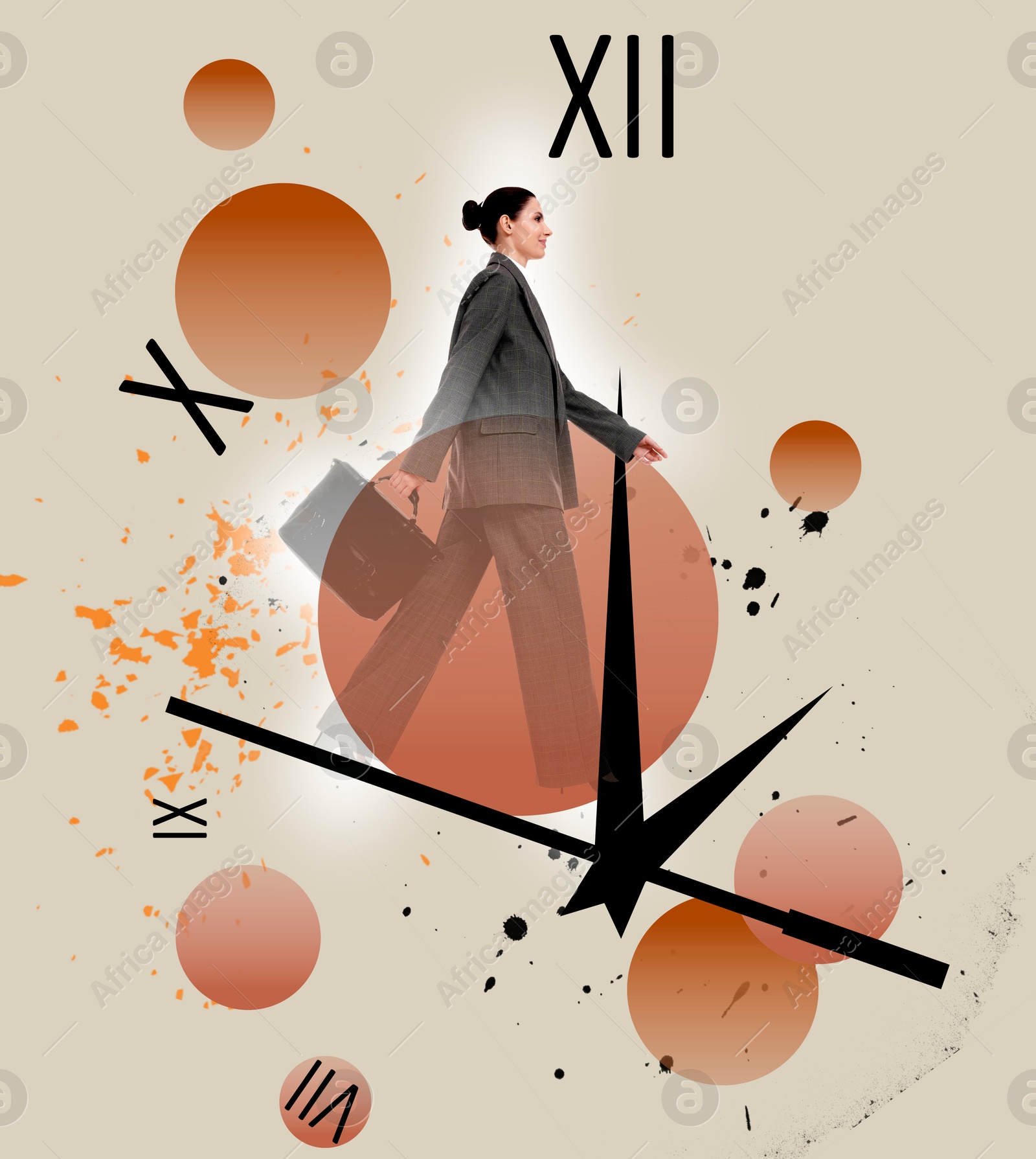 Business woman walking on hand of clock on beige background, creative collage. Time management, project deadline, stressful work Image of Business woman walking on hand of clock on beige background, creative collage. Time management, project deadline, stressful work
