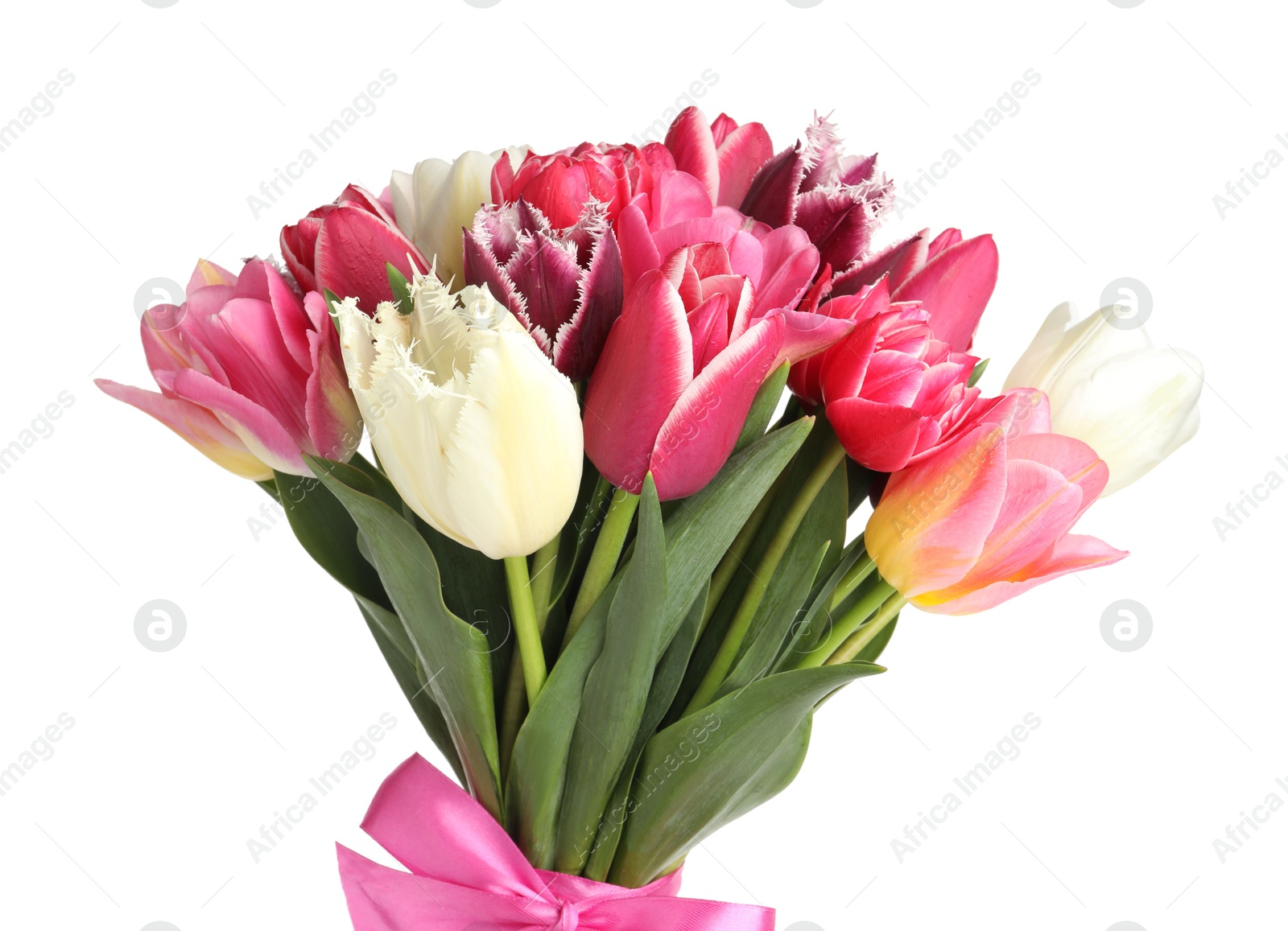 Bouquet of beautiful tulips isolated on white Photo of Bouquet of beautiful tulips isolated on white
