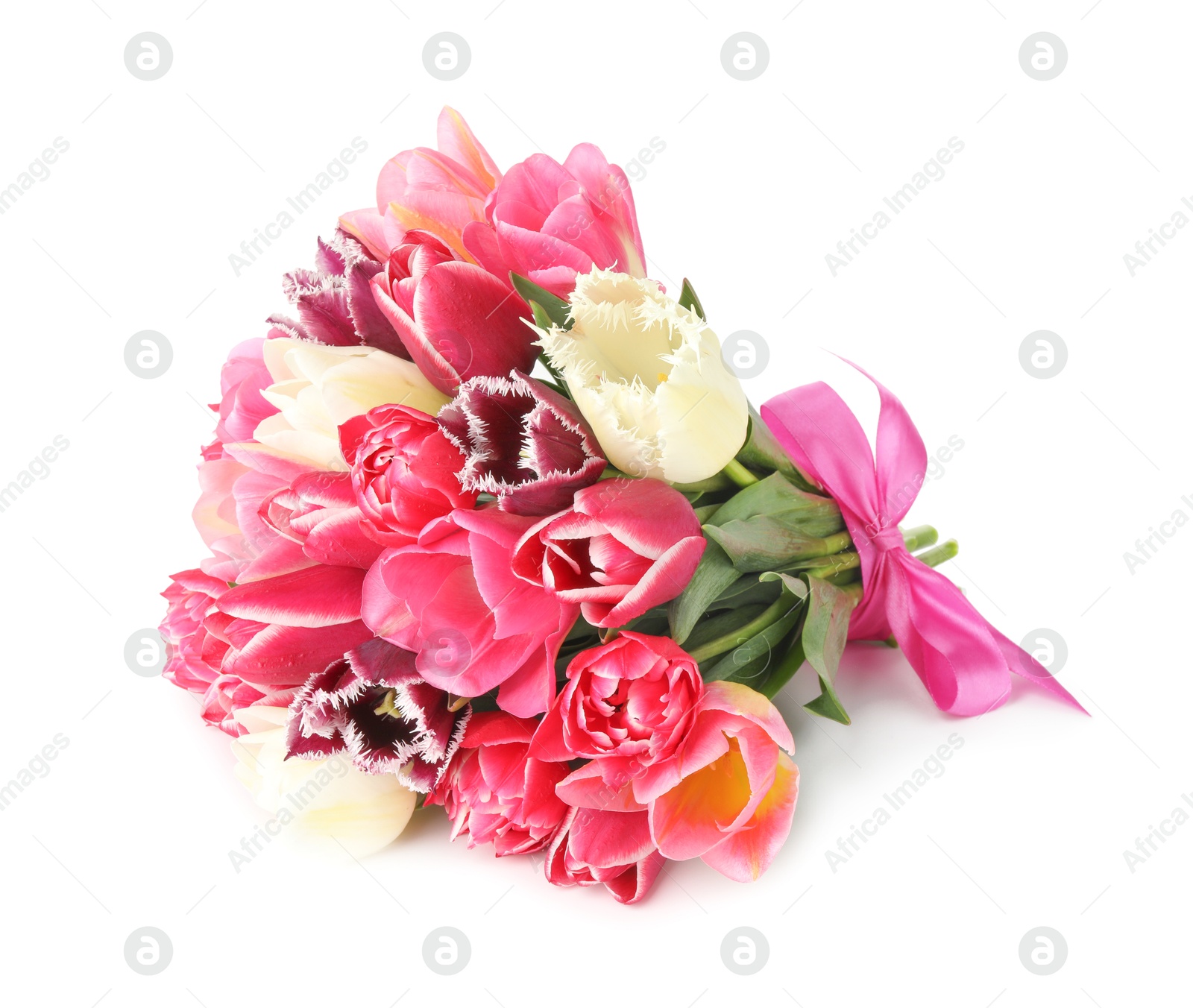 Bouquet of beautiful tulips isolated on white Photo of Bouquet of beautiful tulips isolated on white