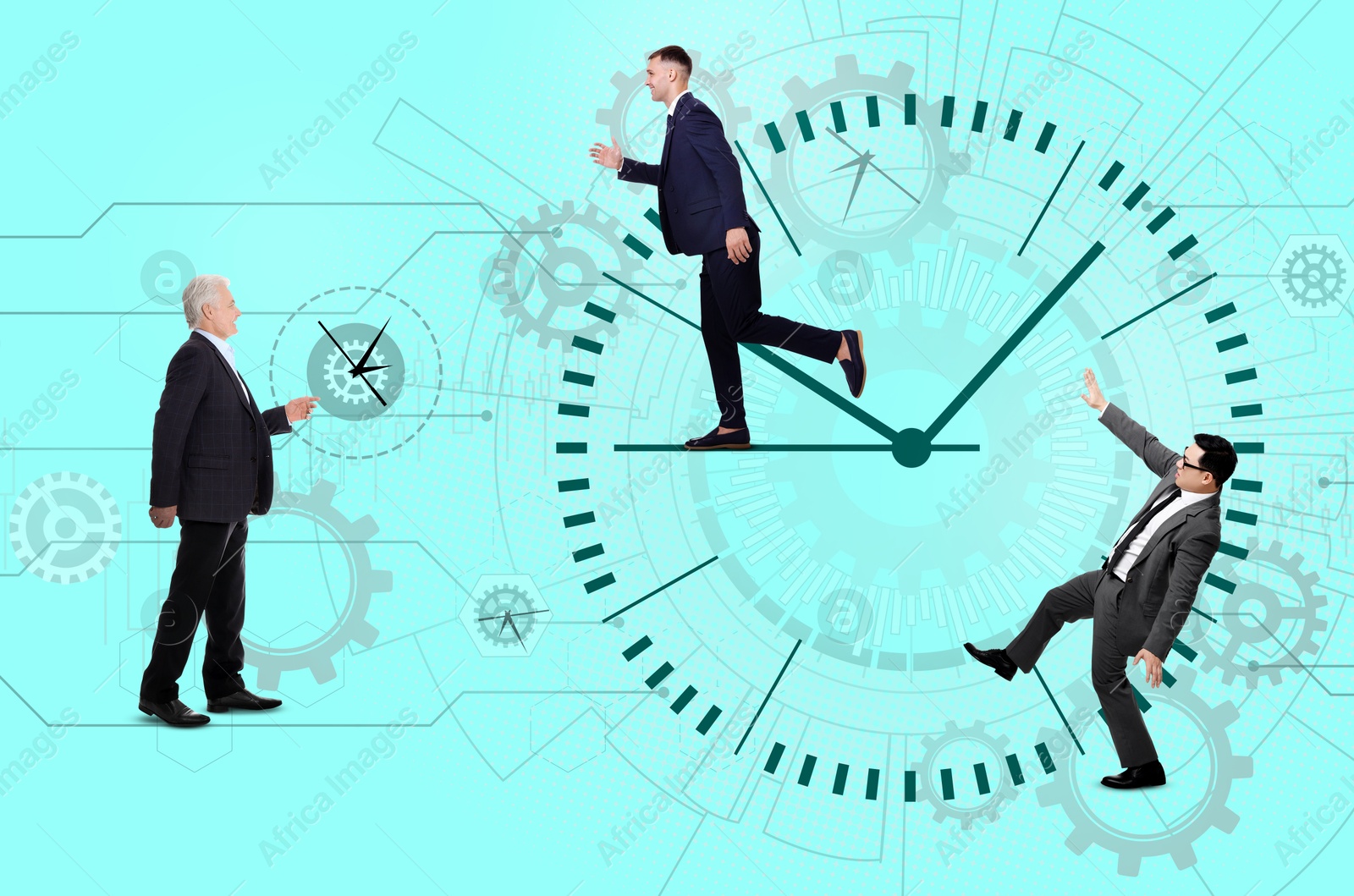 Businesspeople, clocks and cogwheels on light blue background, creative collage. Time management, project deadline, stressful work Image of Businesspeople, clocks and cogwheels on light blue background, creative collage. Time management, project deadline, stressful work