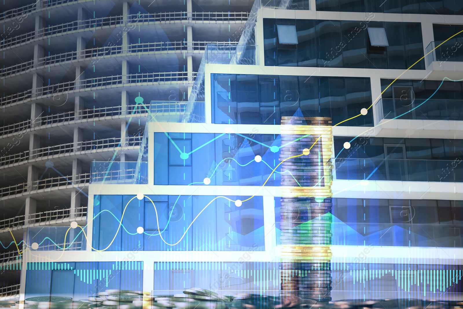 Rising real estate prices. Buildings, coins and graphs, multiple exposure Image of Rising real estate prices. Buildings, coins and graphs, multiple exposure