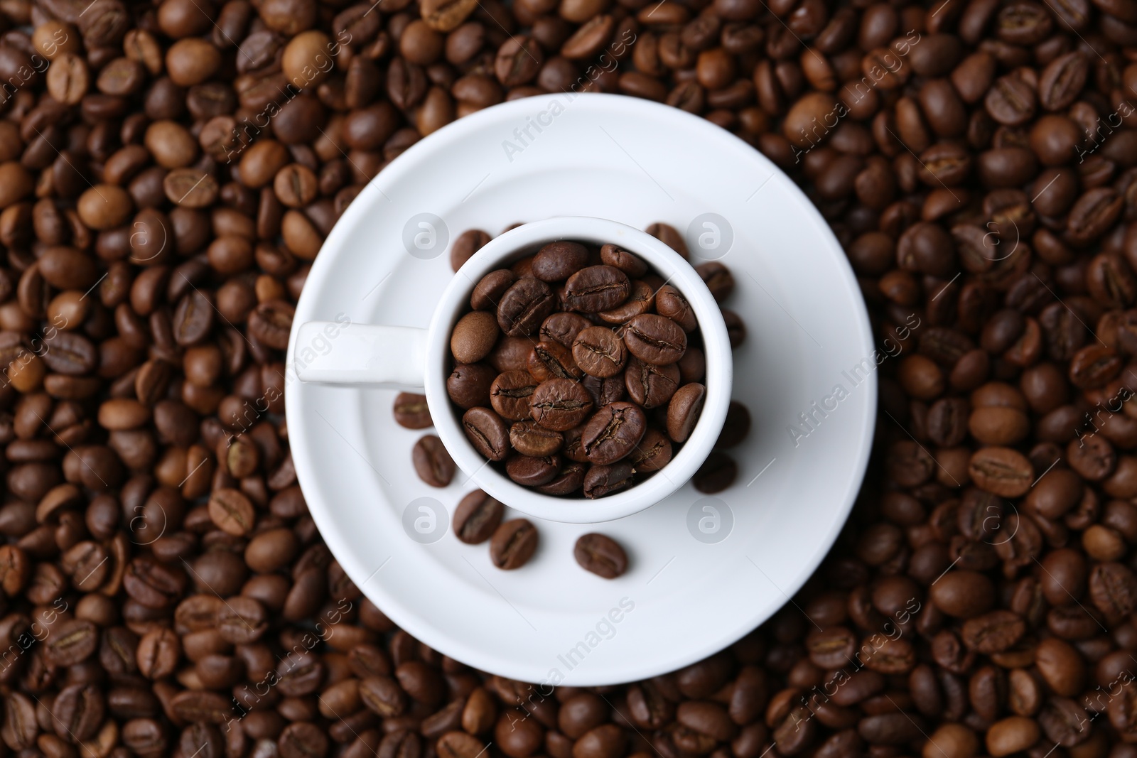 Cup and saucer on coffee beans, top view Photo of Cup and saucer on coffee beans, top view