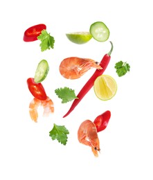 Image of Pieces of fresh vegetables, lime and shrimps falling on white background