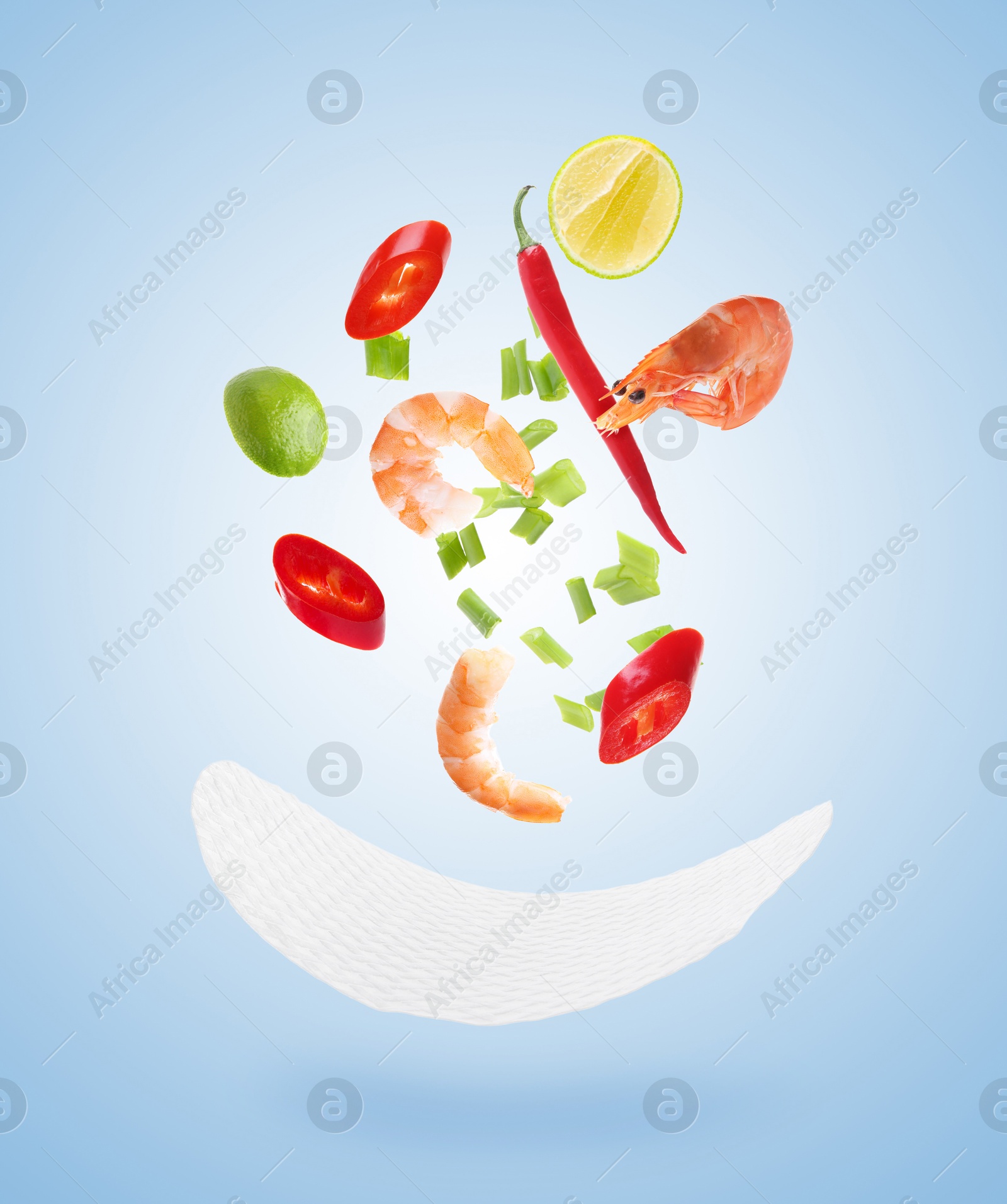 Rice paper and different ingredients falling on light blue gradient background Image of Rice paper and different ingredients falling on light blue gradient background