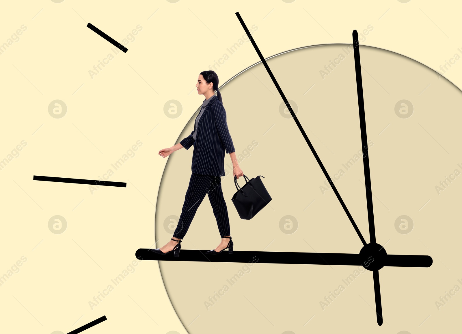 Business woman walking on hand of clock on beige background. Time management, project deadline, stressful work Image of Business woman walking on hand of clock on beige background. Time management, project deadline, stressful work