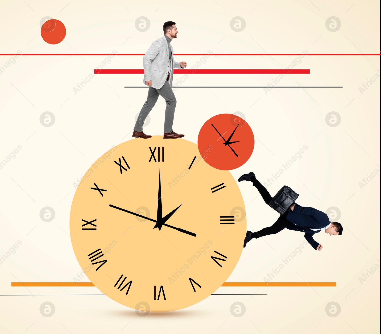 Businessmen and clocks on beige background, creative collage. Time management, project deadline, stressful work Image of Businessmen and clocks on beige background, creative collage. Time management, project deadline, stressful work