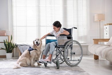 Photo of Girl in wheelchair with her service dog at home. Space for text