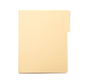 Photo of One paper file folder isolated on white, top view