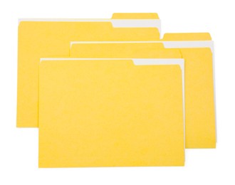Photo of Three file folders with papers isolated on white, top view