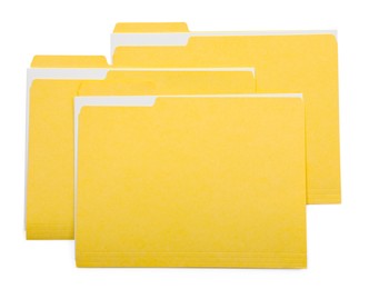 Photo of Three file folders with papers isolated on white, top view