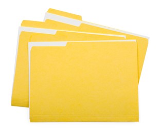 Photo of Three file folders with papers isolated on white, top view