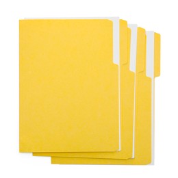 Photo of Three file folders with papers isolated on white, top view