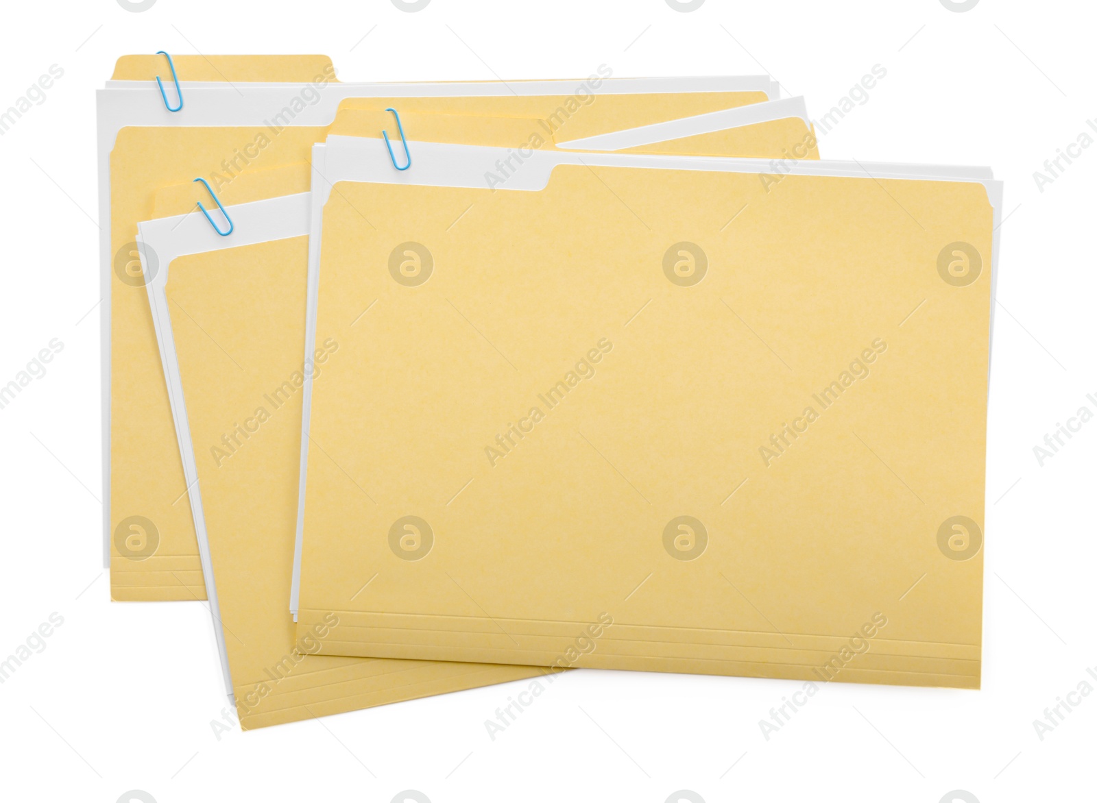 Three file folders with papers isolated on white, top view Photo of Three file folders with papers isolated on white, top view