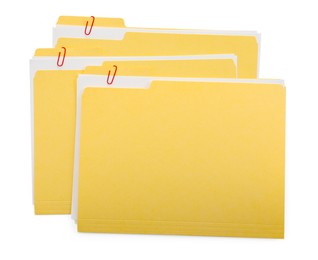 Photo of Three file folders with papers isolated on white, top view