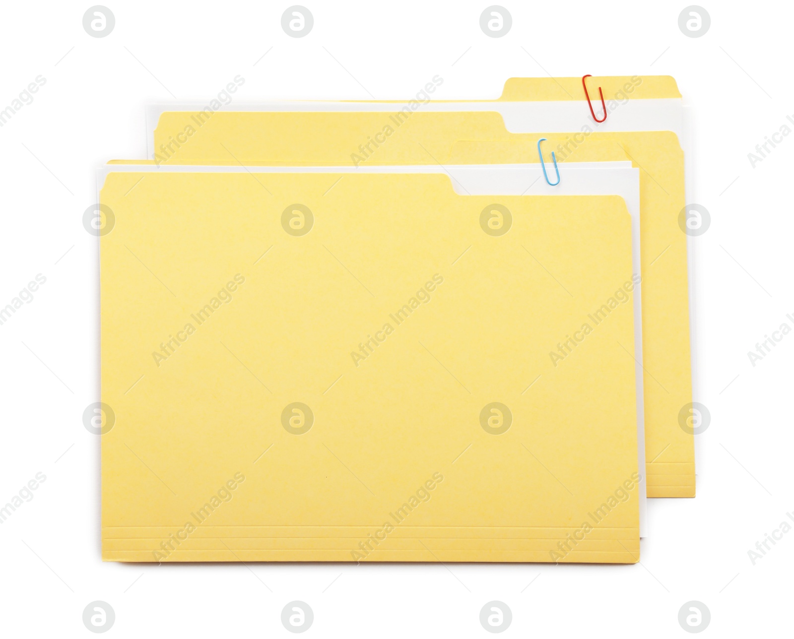 Two file folders with papers isolated on white, top view Photo of Two file folders with papers isolated on white, top view