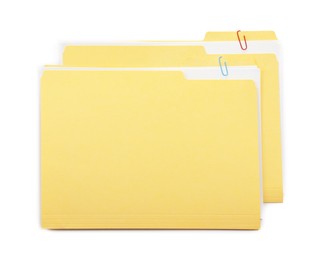 Photo of Two file folders with papers isolated on white, top view