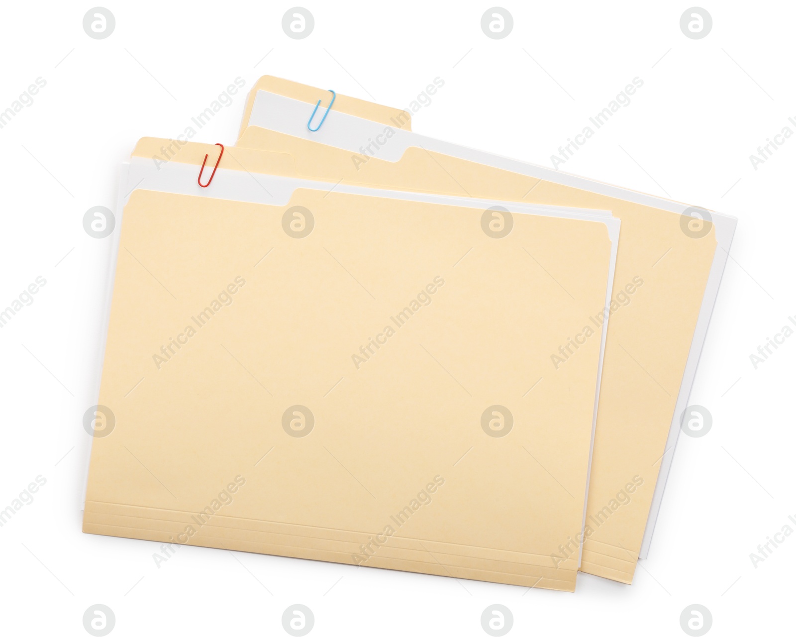 Two file folders with papers isolated on white, top view Photo of Two file folders with papers isolated on white, top view