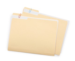 Photo of Two file folders with papers isolated on white, top view