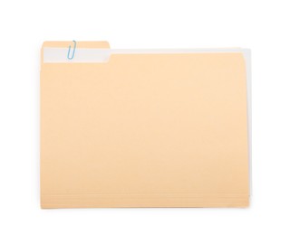 Photo of One paper file folder isolated on white, top view
