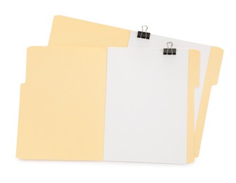 Photo of Two file folders with papers isolated on white, top view