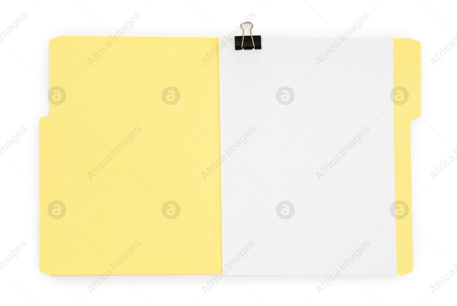 Open paper file folder with blank sheet isolated on white, top view Photo of Open paper file folder with blank sheet isolated on white, top view