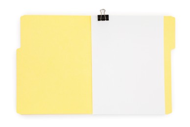 Photo of Open paper file folder with blank sheet isolated on white, top view