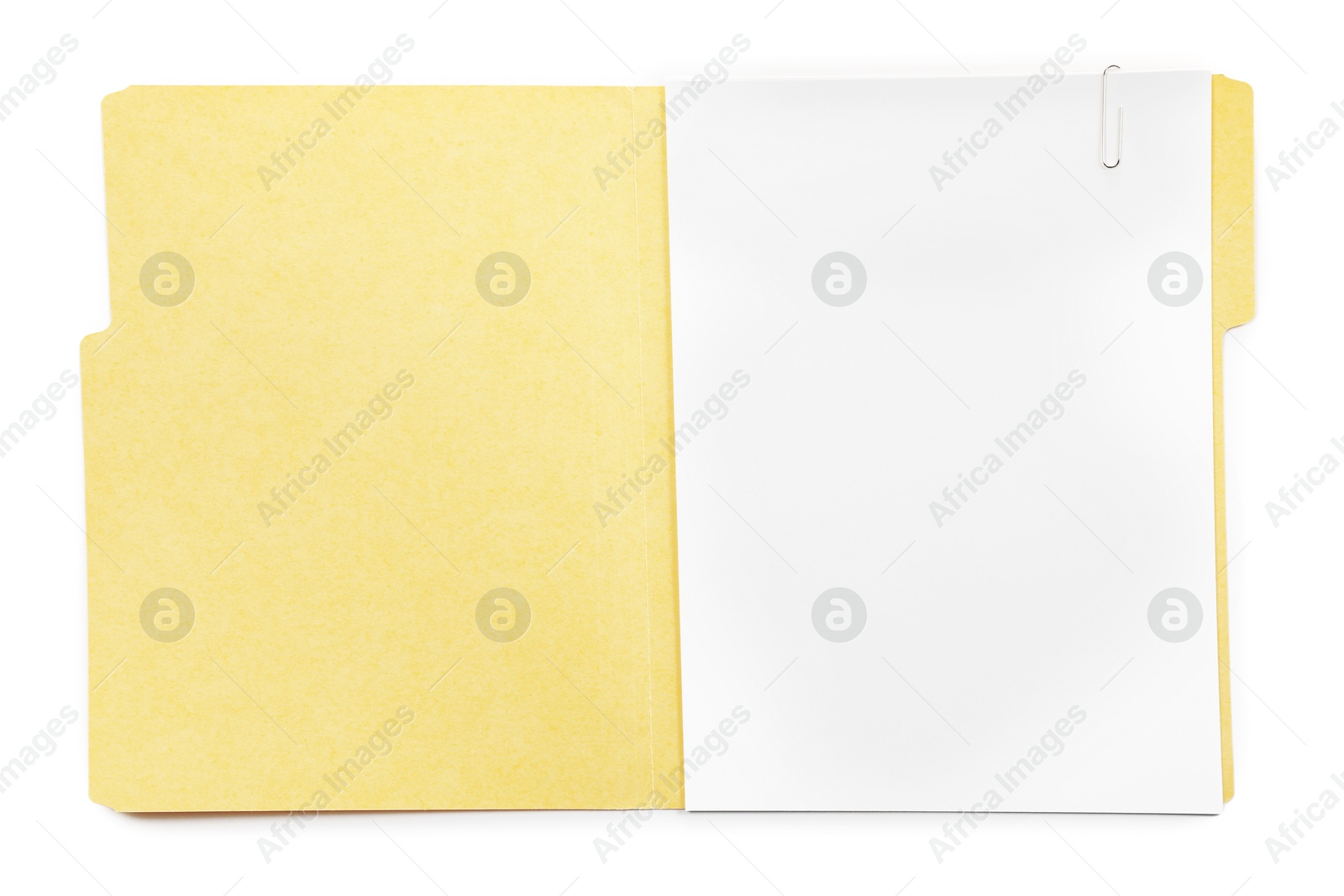 Open paper file folder with blank sheet isolated on white, top view Photo of Open paper file folder with blank sheet isolated on white, top view