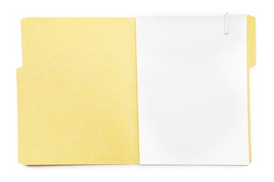 Photo of Open paper file folder with blank sheet isolated on white, top view