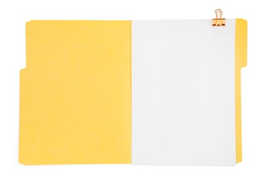 Photo of Open paper file folder with blank sheet isolated on white, top view