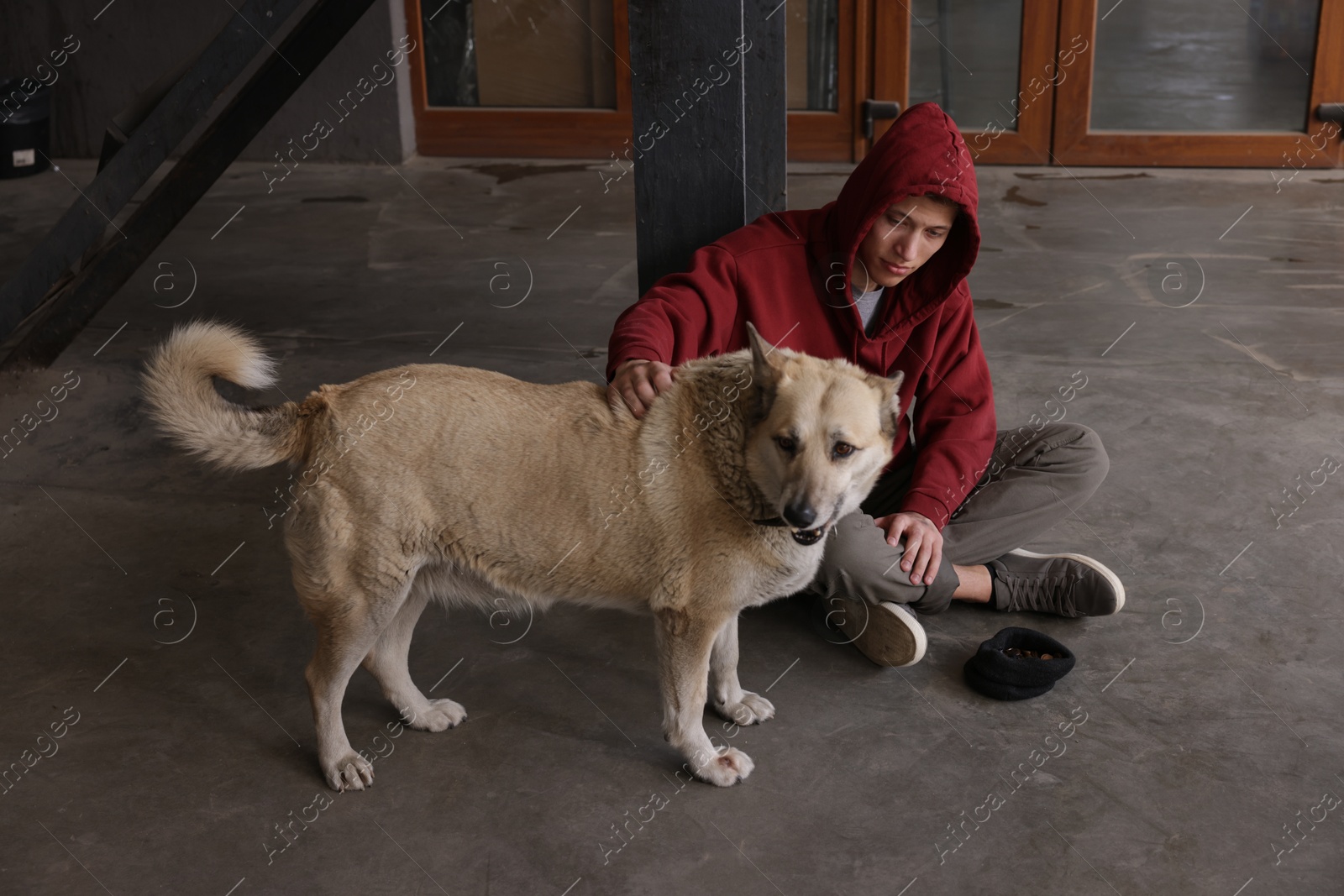 Homeless man with dog on concrete floor outdoors Photo of Homeless man with dog on concrete floor outdoors