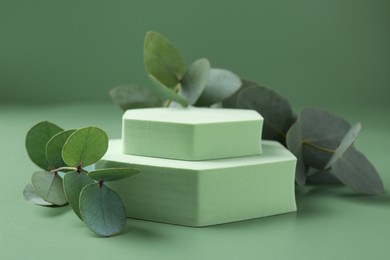 Photo of Beautiful eucalyptus branches on podium against green background