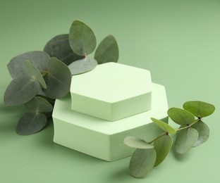 Photo of Beautiful eucalyptus branches on podium against green background