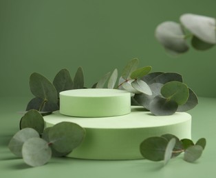 Photo of Beautiful eucalyptus branches on podium against green background