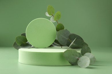 Photo of Beautiful eucalyptus branches on podium against green background