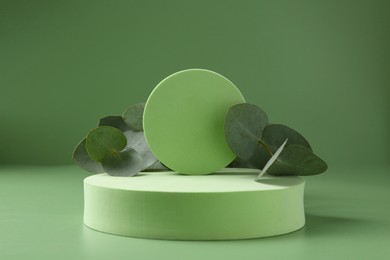 Photo of Beautiful eucalyptus branches on podium against green background