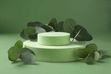 Photo of Beautiful eucalyptus branches on podium against green background