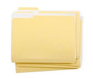Photo of Many file folders with papers isolated on white, top view