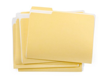 Photo of Many file folders with papers isolated on white, top view